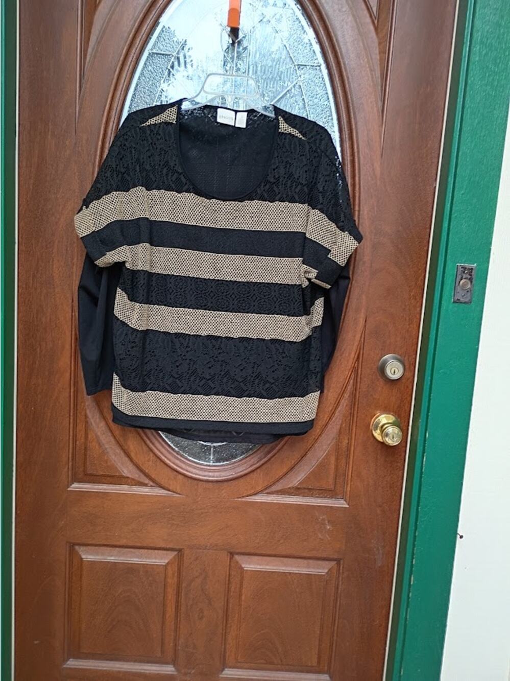 Chico's Top Black Beige Stripped Long Sleeve Round Neckline Size 3 (XL)